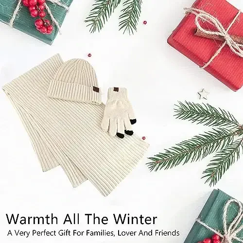 Womens Winter Knit Warm Hat Beanie Long Scarf Touch Screen Gloves Set Skull Caps Neck Scarves for Women - 6