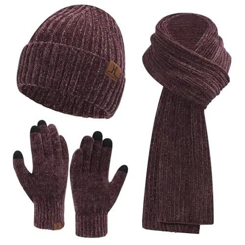 Womens Winter Knit Warm Hat Beanie Long Scarf Touch Screen Gloves Set Skull Caps Neck Scarves for Women - 1