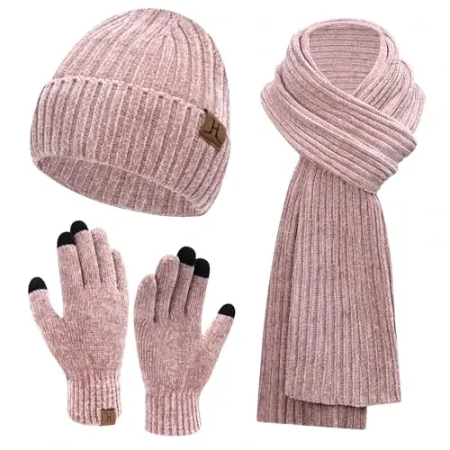 Womens Winter Knit Warm Hat Beanie Long Scarf Touch Screen Gloves Set Skull Caps Neck Scarves for Women - 1