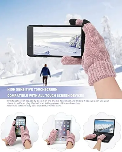 Womens Winter Knit Warm Hat Beanie Long Scarf Touch Screen Gloves Set Skull Caps Neck Scarves for Women - 3