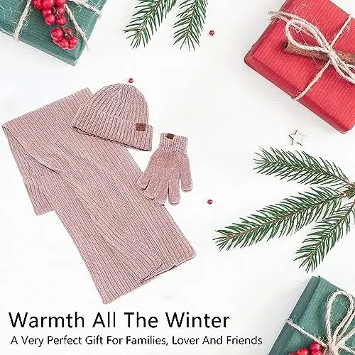 Womens Winter Knit Warm Hat Beanie Long Scarf Touch Screen Gloves Set Skull Caps Neck Scarves for Women - 6