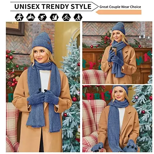 Womens Winter Knit Warm Hat Beanie Long Scarf Touch Screen Gloves Set Skull Caps Neck Scarves for Women - 5