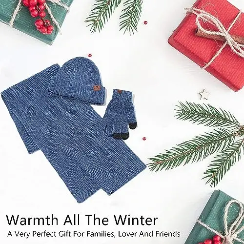 Womens Winter Knit Warm Hat Beanie Long Scarf Touch Screen Gloves Set Skull Caps Neck Scarves for Women - 6