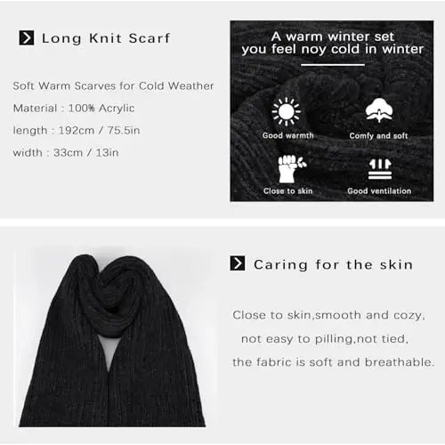 Womens Winter Knit Warm Hat Beanie Long Scarf Touch Screen Gloves Set Skull Caps Neck Scarves for Women - 5