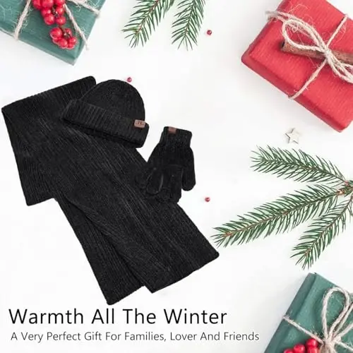 Womens Winter Knit Warm Hat Beanie Long Scarf Touch Screen Gloves Set Skull Caps Neck Scarves for Women - 7