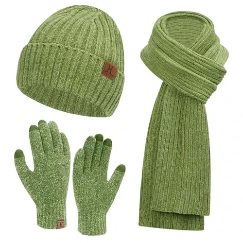 Womens Winter Knit Warm Hat Beanie Long Scarf Touch Screen Gloves Set Skull Caps Neck Scarves for Women - MODAZONE