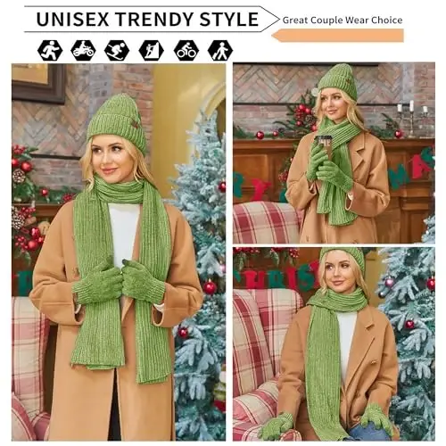 Womens Winter Knit Warm Hat Beanie Long Scarf Touch Screen Gloves Set Skull Caps Neck Scarves for Women - 6