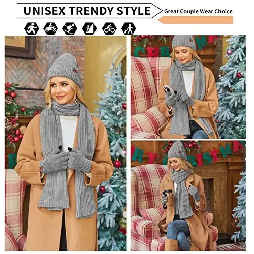 Womens Winter Knit Warm Hat Beanie Long Scarf Touch Screen Gloves Set Skull Caps Neck Scarves for Women - 5