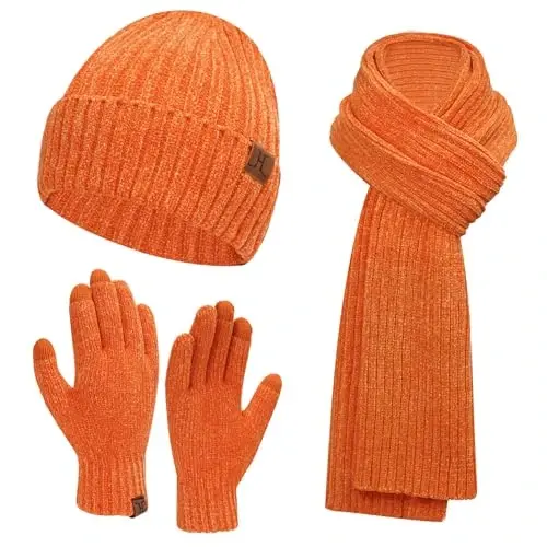 Womens Winter Knit Warm Hat Beanie Long Scarf Touch Screen Gloves Set Skull Caps Neck Scarves for Women - WOMENS