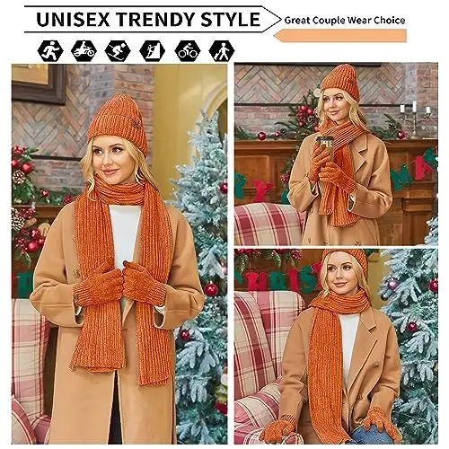 Womens Winter Knit Warm Hat Beanie Long Scarf Touch Screen Gloves Set Skull Caps Neck Scarves for Women - 5