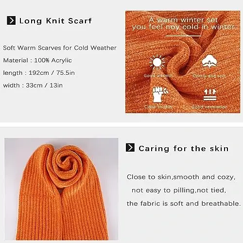 Womens Winter Knit Warm Hat Beanie Long Scarf Touch Screen Gloves Set Skull Caps Neck Scarves for Women - 6