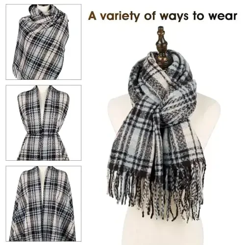 Women's Winter Scarf Large Warm Shawl Classic Tassel Plaid Oversized Scarves Thick Wraps - 2