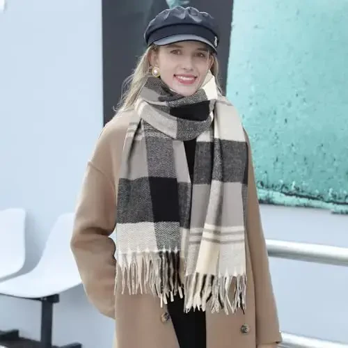 Women's Winter Scarf Large Warm Shawl Classic Tassel Plaid Oversized Scarves Thick Wraps - 6