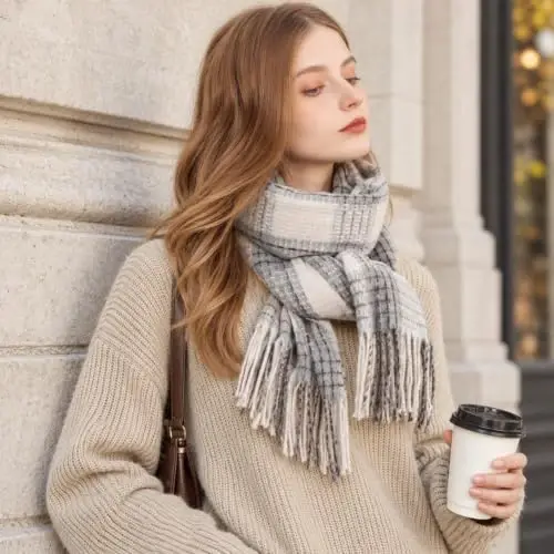 Women's Winter Scarf Large Warm Shawl Wraps Plaid Oversized Thick Scarves - 6