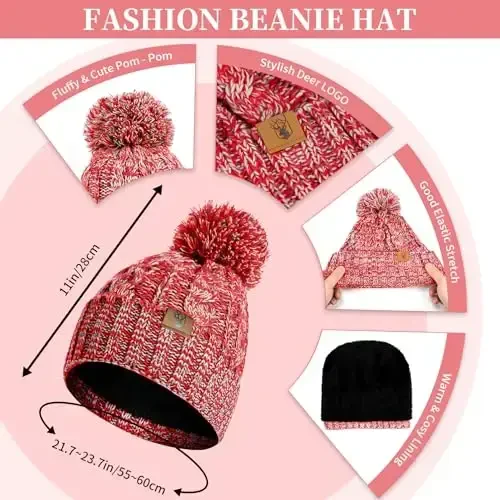 Womens Winter Warm Beanie Hat Touchscreen Gloves Lone Neck Scarf Set with Fleece Lined Pom Skull Cap Gift for Women 3PCS 