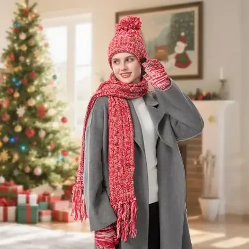 Womens Winter Warm Beanie Hat Touchscreen Gloves Lone Neck Scarf Set with Fleece Lined Pom Skull Cap Gift for Women 3PCS - 5