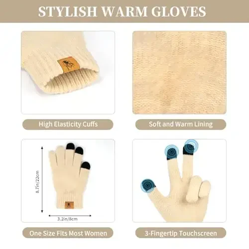 Womens Winter Warm Beanie Hat Touchscreen Gloves Lone Neck Scarf Set with Fleece Lined Pom Skull Cap Gift for Women 3PCS - 2