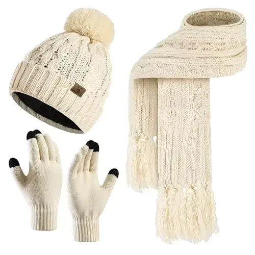 Womens Winter Warm Beanie Hat Touchscreen Gloves Lone Neck Scarf Set with Fleece Lined Pom Skull Cap Gift for Women 3PCS - 6