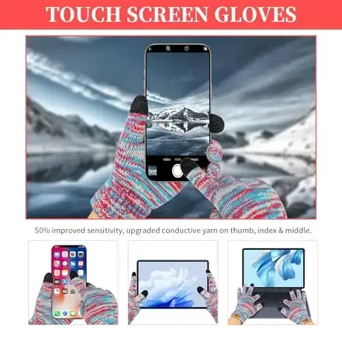 Womens Winter Warm Beanie Hat Touchscreen Gloves Lone Neck Scarf Set with Fleece Lined Pom Skull Cap Gift for Women 3PCS - 3