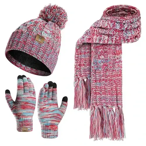 Womens Winter Warm Beanie Hat Touchscreen Gloves Lone Neck Scarf Set with Fleece Lined Pom Skull Cap Gift for Women 3PCS - 6