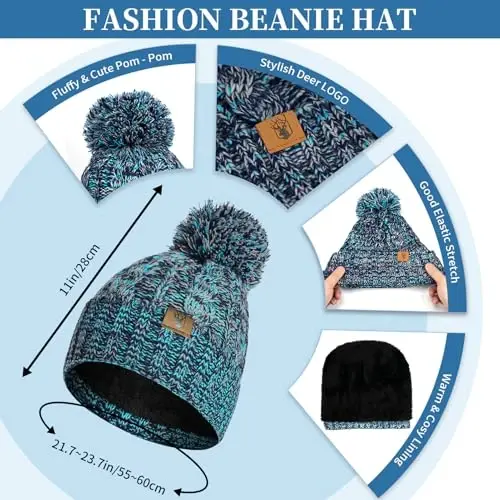 Womens Winter Warm Beanie Hat Touchscreen Gloves Lone Neck Scarf Set with Fleece Lined Pom Skull Cap Gift for Women 3PCS - 1