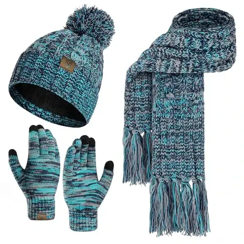 Womens Winter Warm Beanie Hat Touchscreen Gloves Lone Neck Scarf Set with Fleece Lined Pom Skull Cap Gift for Women 3PCS - 6