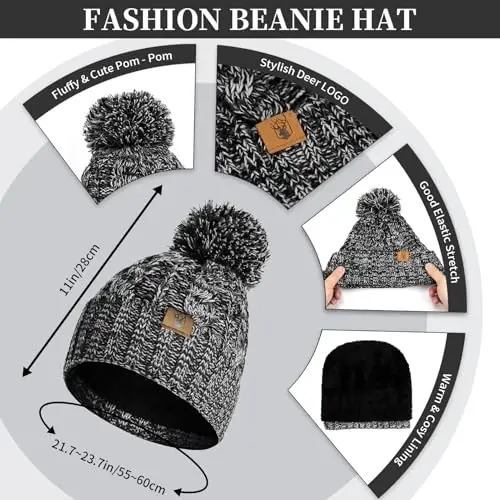 Womens Winter Warm Beanie Hat Touchscreen Gloves Lone Neck Scarf Set with Fleece Lined Pom Skull Cap Gift for Women 3PCS - 1