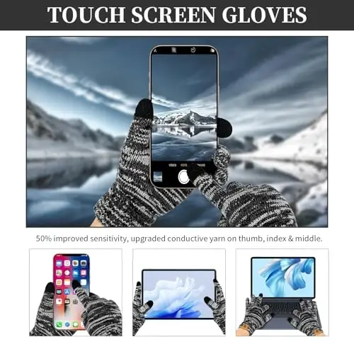 Womens Winter Warm Beanie Hat Touchscreen Gloves Lone Neck Scarf Set with Fleece Lined Pom Skull Cap Gift for Women 3PCS - 3