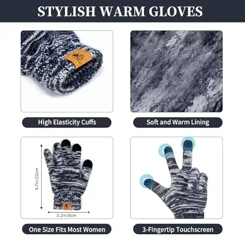 Womens Winter Warm Beanie Hat Touchscreen Gloves Lone Neck Scarf Set with Fleece Lined Pom Skull Cap Gift for Women 3PCS - HONNESSERRY (1)