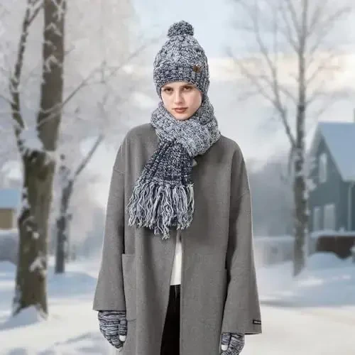 Womens Winter Warm Beanie Hat Touchscreen Gloves Lone Neck Scarf Set with Fleece Lined Pom Skull Cap Gift for Women 3PCS - 5