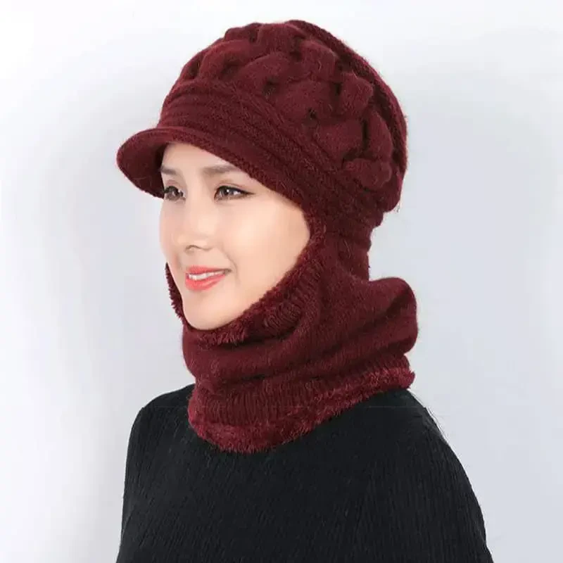Womens Winter Warm Elastic Soft Ear Protection Knitted Scarf Mask hat Fleece Lined Beanie Hat one-Piece hat - 2