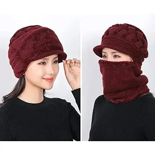Womens Winter Warm Elastic Soft Ear Protection Knitted Scarf Mask hat Fleece Lined Beanie Hat one-Piece hat - 3
