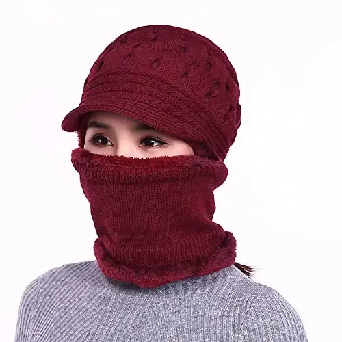 Womens Winter Warm Elastic Soft Ear Protection Knitted Scarf Mask hat Fleece Lined Beanie Hat one-Piece hat - 4