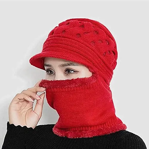 Womens Winter Warm Elastic Soft Ear Protection Knitted Scarf Mask hat Fleece Lined Beanie Hat one-Piece hat - 3