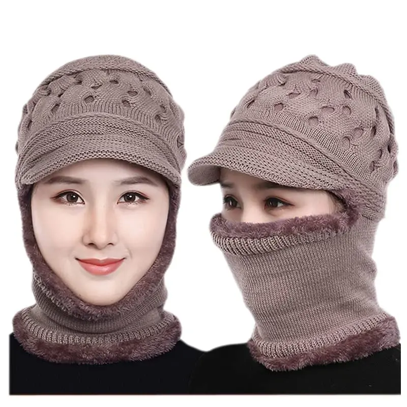 Womens Winter Warm Elastic Soft Ear Protection Knitted Scarf Mask hat Fleece Lined Beanie Hat one-Piece hat - WOMENS