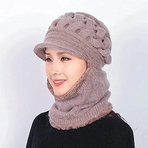 Womens Winter Warm Elastic Soft Ear Protection Knitted Scarf Mask hat Fleece Lined Beanie Hat one-Piece hat - 2