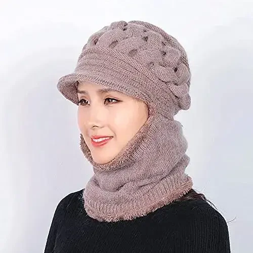 Womens Winter Warm Elastic Soft Ear Protection Knitted Scarf Mask hat Fleece Lined Beanie Hat one-Piece hat - WOMENS (1)