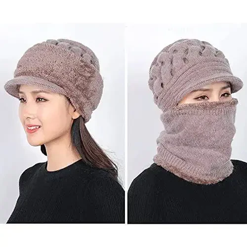 Womens Winter Warm Elastic Soft Ear Protection Knitted Scarf Mask hat Fleece Lined Beanie Hat one-Piece hat - 3