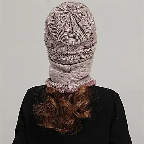 Womens Winter Warm Elastic Soft Ear Protection Knitted Scarf Mask hat Fleece Lined Beanie Hat one-Piece hat - 4