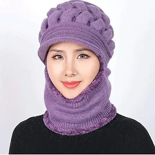 Womens Winter Warm Elastic Soft Ear Protection Knitted Scarf Mask hat Fleece Lined Beanie Hat one-Piece hat - 3