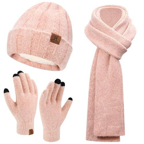 Womens Winter Warm Knit Beanie Hat Touchscreen Gloves Long Neck Scarf Set with Fleece Lined Skull Caps Gifts for Women - 1