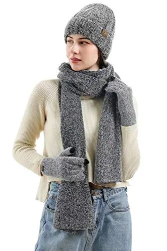 Womens Winter Warm Knit Beanie Hat Touchscreen Gloves Long Neck Scarf Set with Fleece Lined Skull Caps Gifts for Women - 5