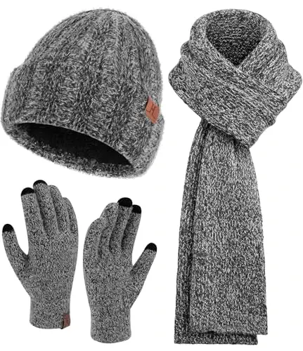 Womens Winter Warm Knit Beanie Hat Touchscreen Gloves Long Neck Scarf Set with Fleece Lined Skull Caps Gifts for Women - 1