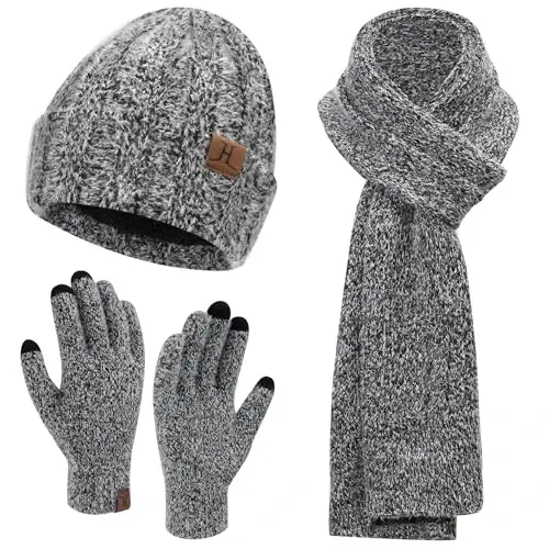 Womens Winter Warm Knit Beanie Hat Touchscreen Gloves Long Neck Scarf Set with Fleece Lined Skull Caps Gifts for Women - 1