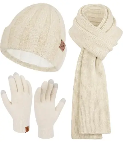 Womens Winter Warm Knit Beanie Hat Touchscreen Gloves Long Neck Scarf Set with Fleece Lined Skull Caps Gifts for Women - 1