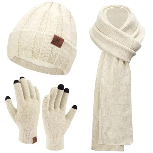 Womens Winter Warm Knit Beanie Hat Touchscreen Gloves Long Neck Scarf Set with Fleece Lined Skull Caps Gifts for Women 