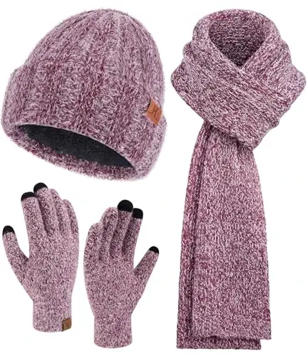 Womens Winter Warm Knit Beanie Hat Touchscreen Gloves Long Neck Scarf Set with Fleece Lined Skull Caps Gifts for Women - 1