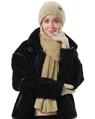 Womens Winter Warm Knit Beanie Hat Touchscreen Gloves Long Neck Scarf Set with Fleece Lined Skull Caps Gifts for Women - 5