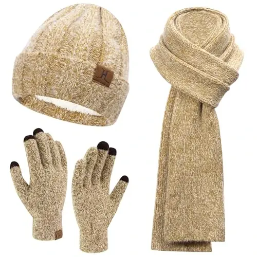 Womens Winter Warm Knit Beanie Hat Touchscreen Gloves Long Neck Scarf Set with Fleece Lined Skull Caps Gifts for Women - 1