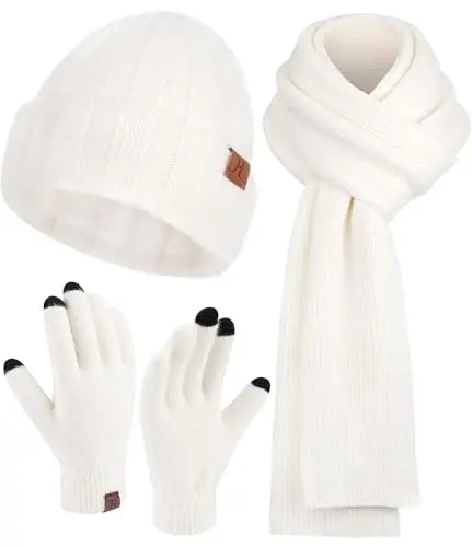 Womens Winter Warm Knit Beanie Hat Touchscreen Gloves Long Neck Scarf Set with Fleece Lined Skull Caps Gifts for Women - 1